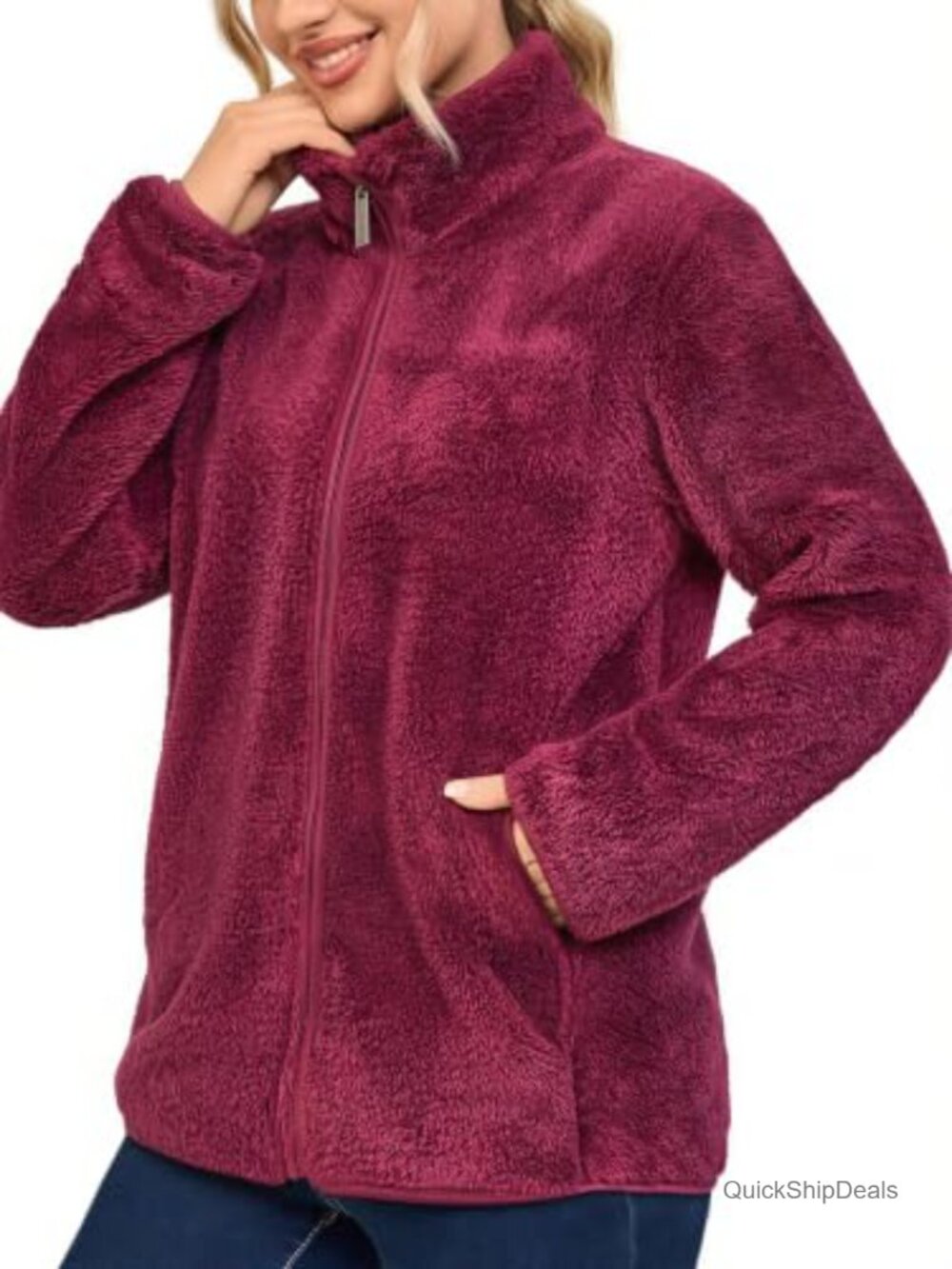 Fuzzy Fleece Jacket Zip Up Stand Collar Coat with Pockets